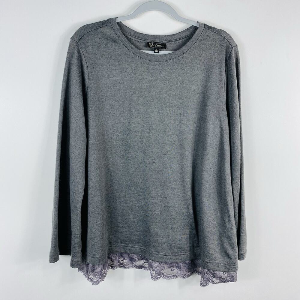 Diane Gilman DG2 Top 1X Gray Long Sleeve Lace Hem Crew Neck